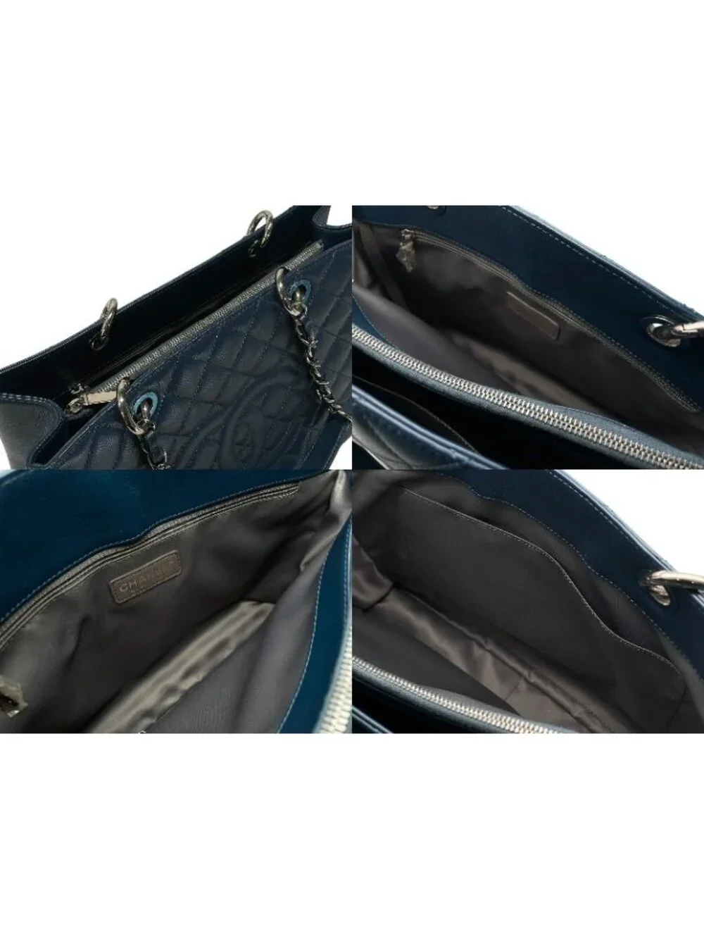 Chanel Grand Shopping Tote Bag GST Chain Caviar Leather CC Logo Navy Silver
